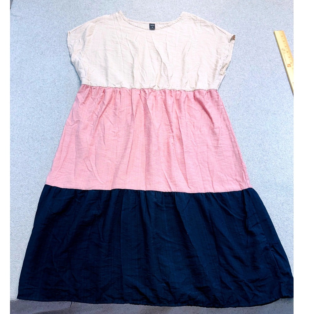Emery Rose Dress Women XL Pink Navy Cream Colorblock Tiered Babydoll Midi Casual
